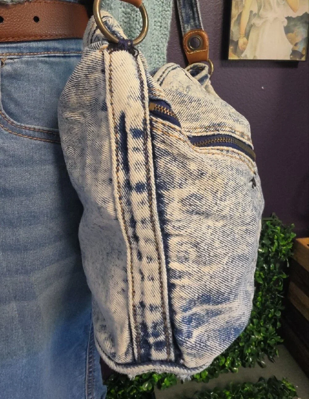 Handmade Acid Washed Denim Crossbody Bag With Doubble Front Pockets